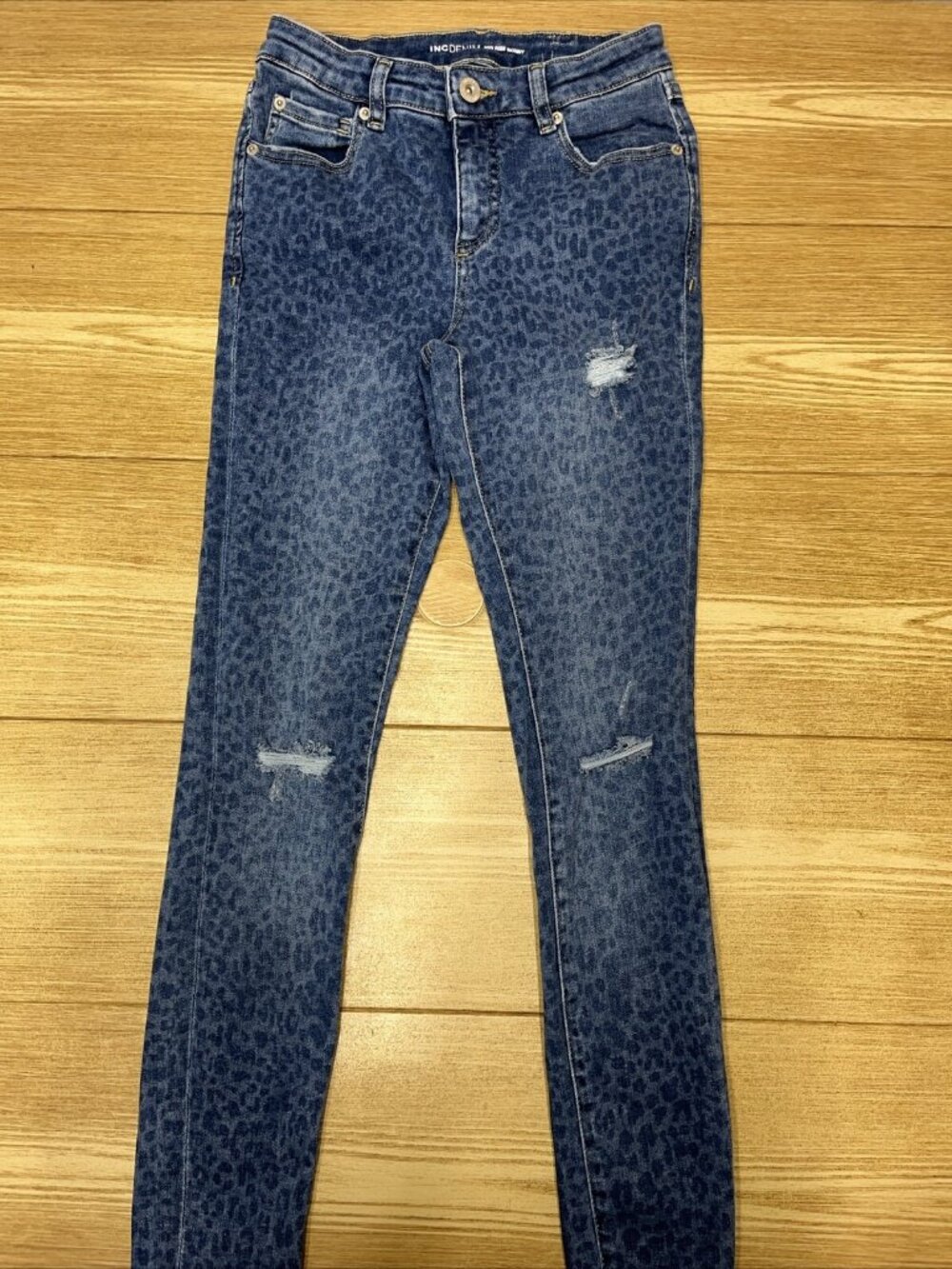 Inc Womens Blue Wash Jean Leggings Cheetah Print Size 0 Skinny Pants Stretch